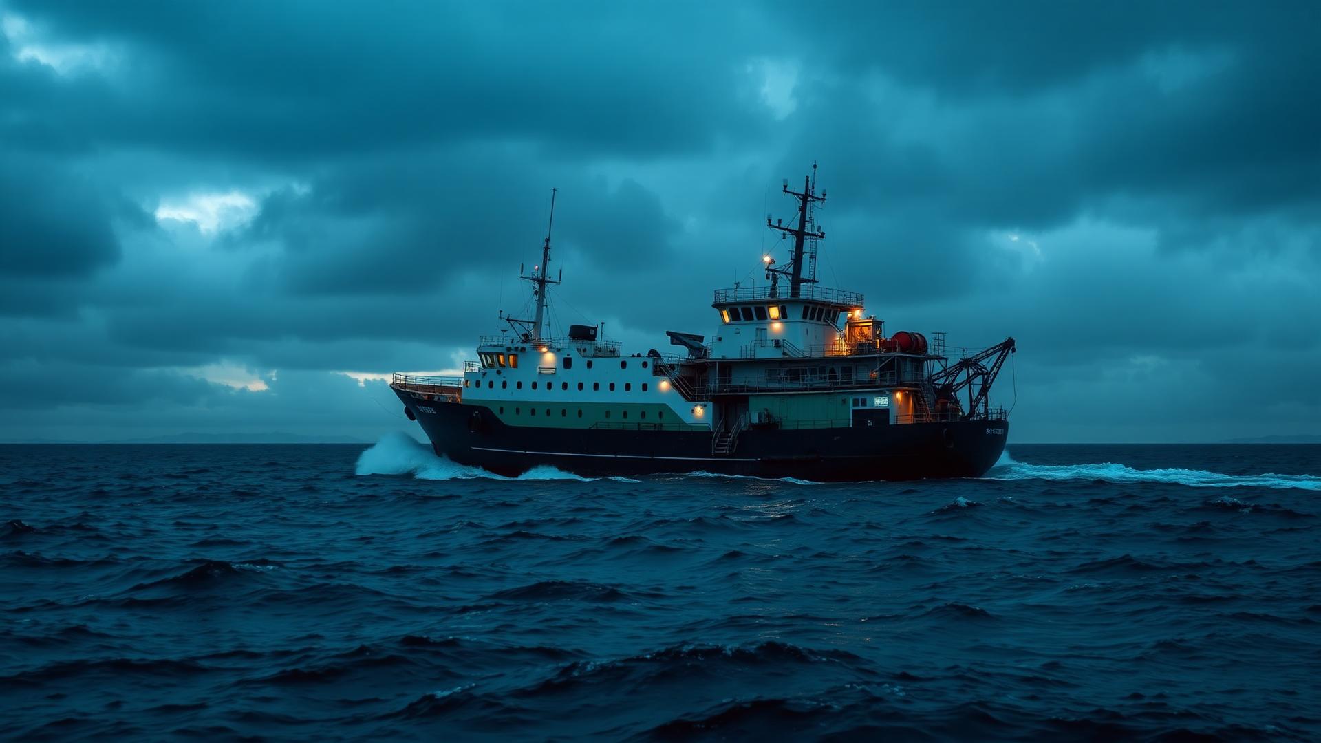 Atlantic fishing trawler at sea at dawn
