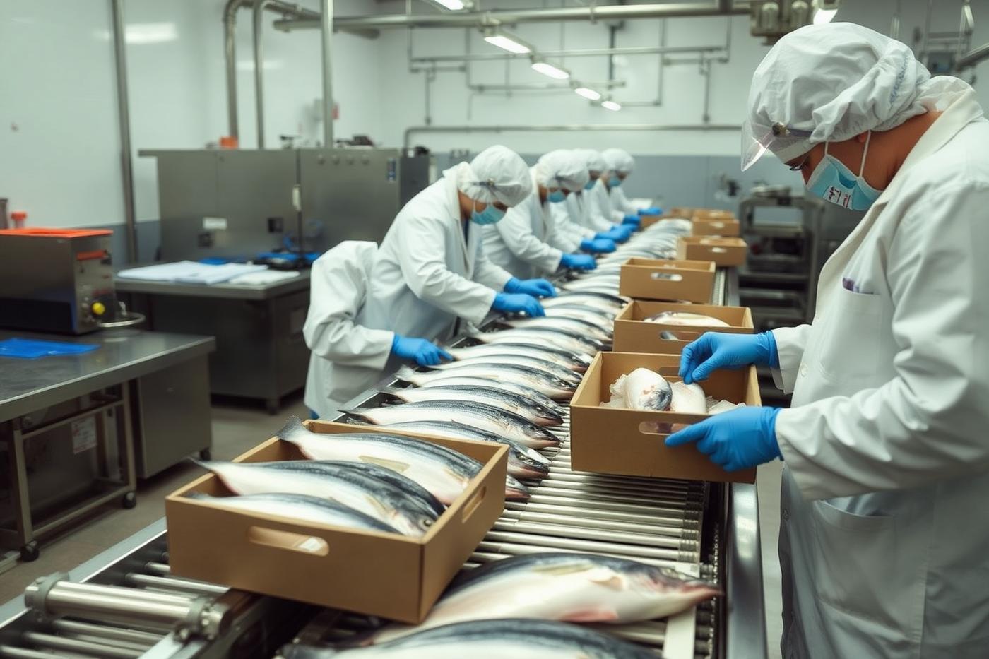 Interior of a seafood processing plant with stainless steel tables