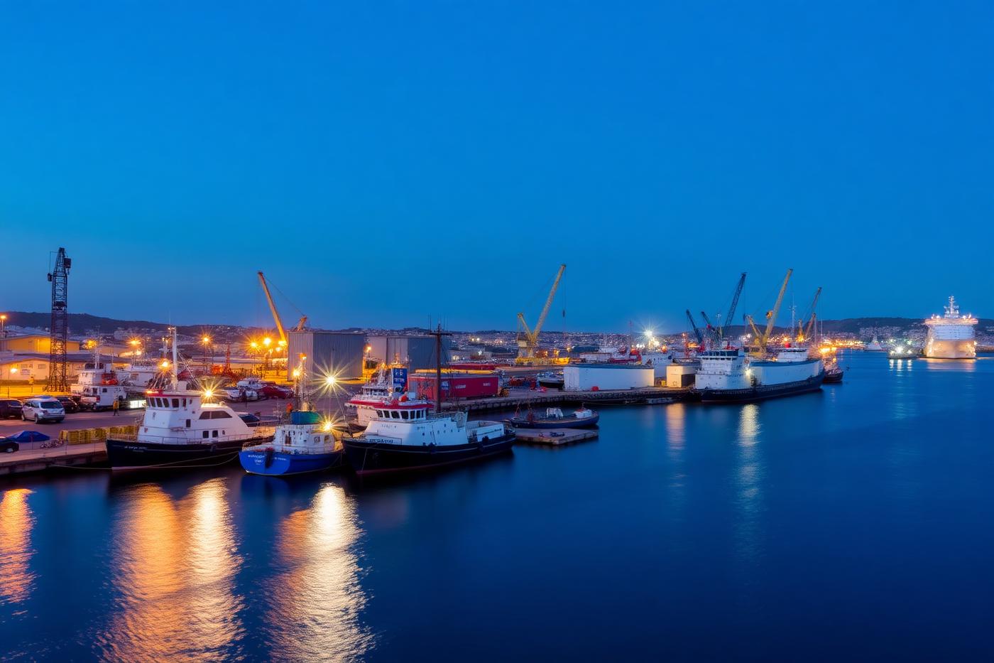 The fishing port of Santa Cruz de Tenerife at blue hour with moored vessels and cranes
