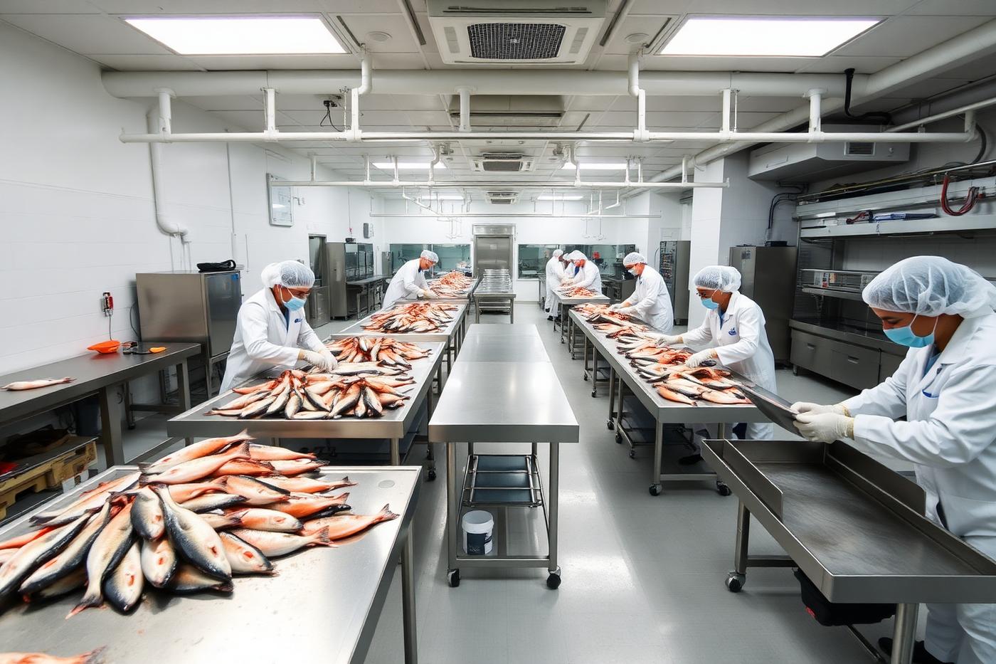 Workers grading fresh fish in a stainless steel processing hall